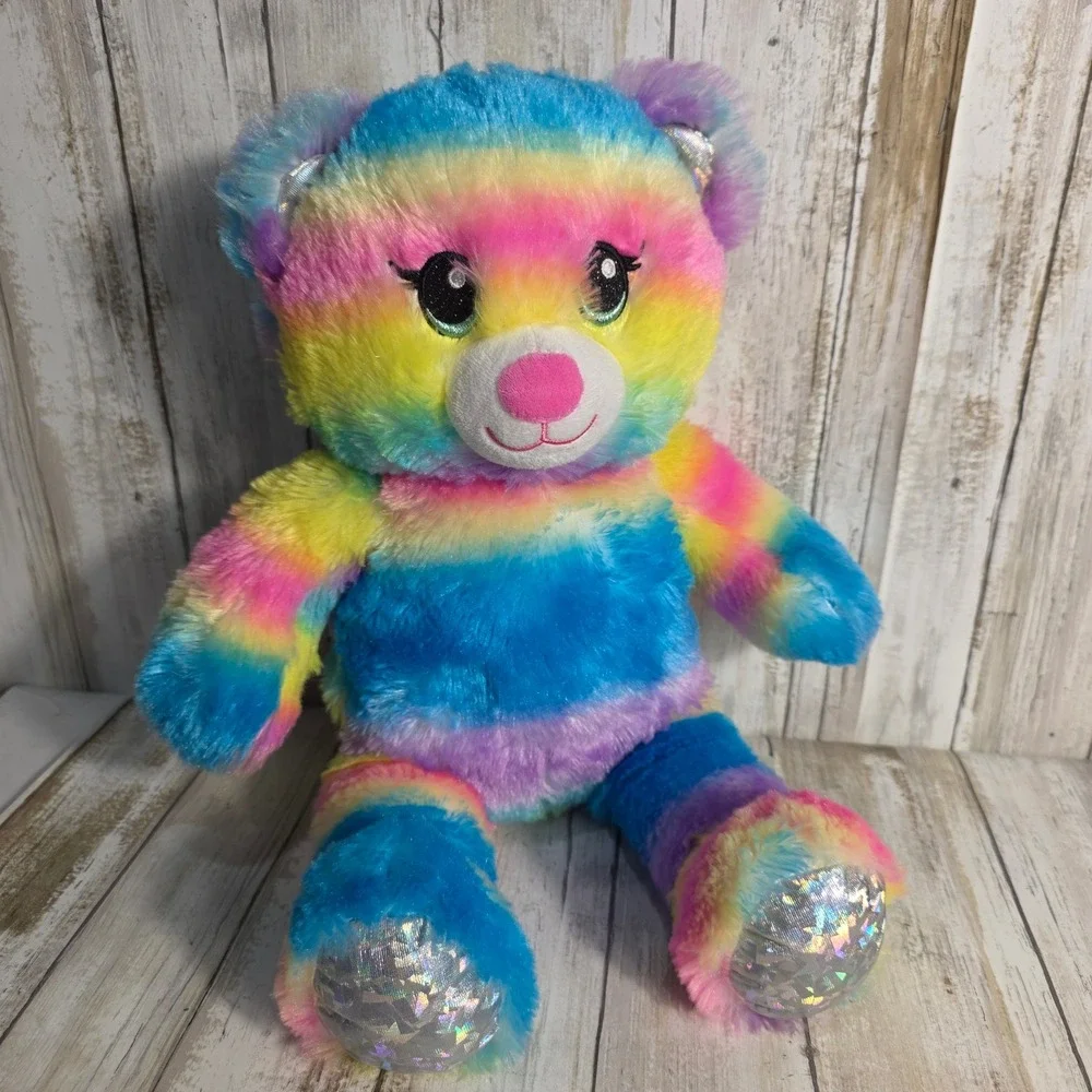 Build-A-Bear Workshop Rainbow Striped Teddy Bear Glitter Eyes Holographic 16in